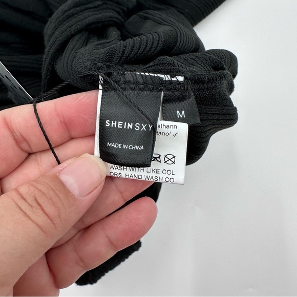 Shein Jumpsuit Women Medium NEW Black Ribbed Knit Long Sleeve Open Back Sxy - Picture 9 of 15